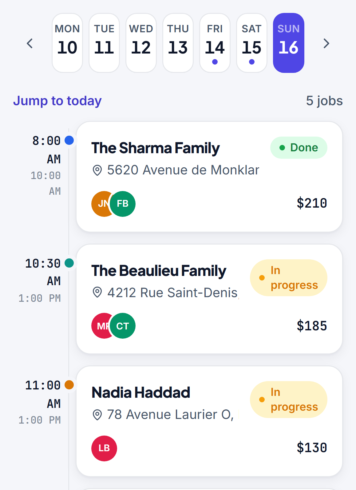 The S4NDO schedule: a week picker with today selected, and the day's jobs listed by time with crew and price.